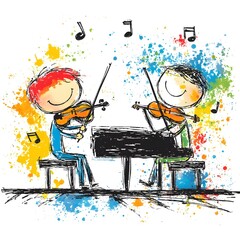 Stick figures joyfully performing a musical duet, one at the piano and the other playing the violin, in a lively and playful setting.