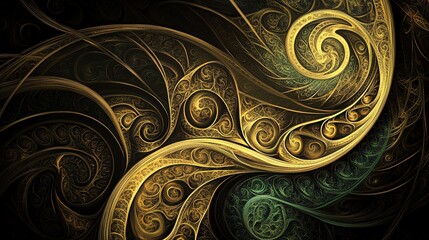 Wall Mural - Abstract fractal background with swirling gold and green patterns.