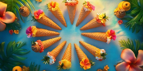 Floral ice cream cones on blue background.