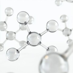 a sleek 3d illustration of transparent molecular structures with glass-like spheres connected by thi