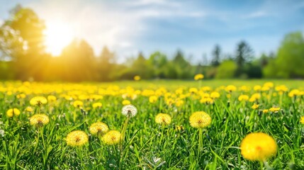 Vibrant meadow with yellow dandelion flowers and healthy green grass in a natural environment