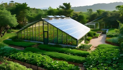 Wall Mural - Modern greenhouse with solar technology surrounded by vibrant gardens, highlighting innovative and sustainable agricultural practices