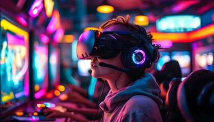 Wall Mural - Immersive gaming adventure in a vibrant VR arcade filled with neon lights and cutting-edge technology