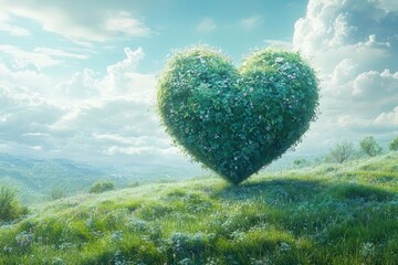 Wall Mural - surreal heartshaped planet floating above lush green meadow dreamy ethereal atmosphere with soft pas