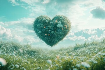Wall Mural - surreal heartshaped planet floating above lush green meadow dreamy ethereal atmosphere with soft pas