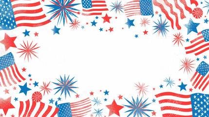 The frame dedicated to the Fourth of July is decorated with American flags, stars and fireworks. The frames are made in a patriotic style with red, white and blue inserts