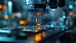 © M - Precision engineer measuring micro-scale accuracy in a dimly lit laboratory with focused spotlights, emphasizing the clear details of tiny, delicate instruments.