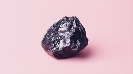 A close-up shot of a piece of coal on a light solid color background, showcasing its texture and shine