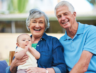 Sticker - Outdoor, baby and grandparents in portrait with smile, connection and bonding together with happiness. Senior people, man and woman with little boy in garden for childcare, development and growth