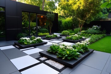 Modern Garden Design Ideas represented in a sleek design, showcasing minimalist, geometric, and low-maintenance gardens that exude contemporary beauty