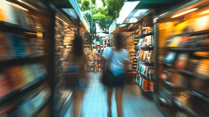 Bustling bookstore alley with blurred figures browsing shelves, capturing the dynamic energy of literary exploration in a vibrant urban setting.