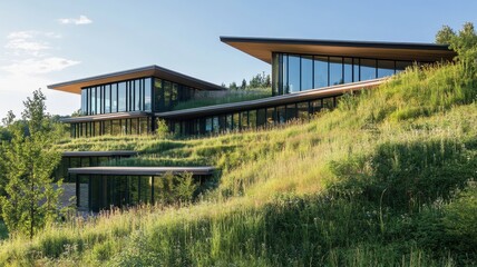 Modern Eco-Friendly Buildings Integrated with Nature on a Green Hillside Showcasing Sustainable Architecture and Environmental Harmony