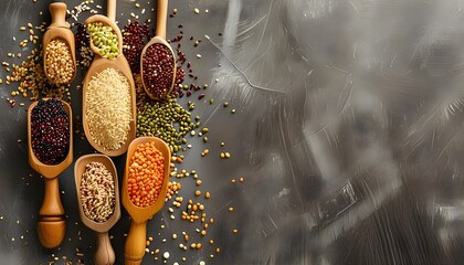 Natures Bounty: A Display of Wooden Spoons Filled with Grains and Seeds on a Textured Surface