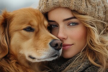 tender moment between woman and dog in soft natural lighting capturing the bond between human and pet