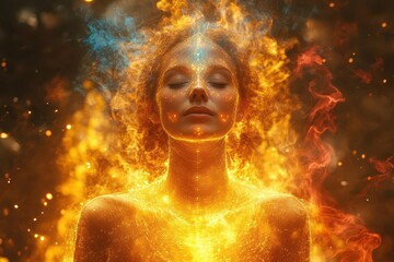 transcendent meditation scene chakra energy spirals and cosmic consciousness expansion