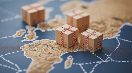 Packages on a world map symbolizing international shipping and global trade routes