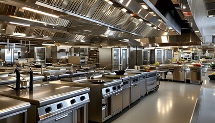 Wall Mural - Modern commercial kitchen featuring sleek metal surfaces and advanced culinary equipment, designed for professional chefs