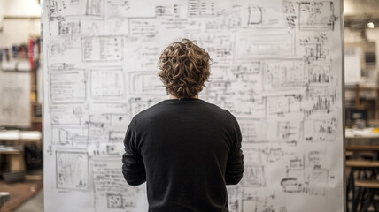 An entrepreneur sketches out a long-term business vision on a large whiteboard, with goals and strategies outlined