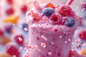 Poster - Pink Smoothie with Fresh Fruit and Splashing Milk