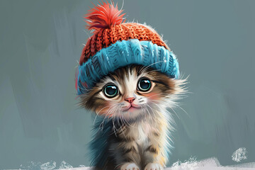 Wall Mural - A cute kitten wearing a blue hat and smiling