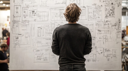 An entrepreneur sketches out a long-term business vision on a large whiteboard, with goals and strategies outlined