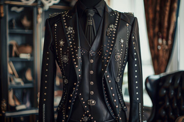 A man in a black suit with a tie and a vest with many jewels on it