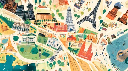 Wall Mural - A detailed travel map featuring intricate routes and landmarks in vibrant colors on a light solid background