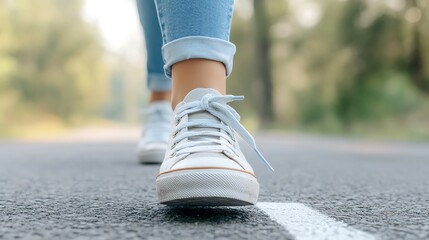 Close-up of a person's feet in white sneakers walking on a rural road, capturing a dynamic and active lifestyle moment.