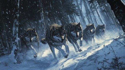 Poster - A Pack of Wolves Running Through a Snowy Forest