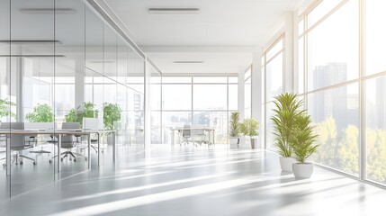 A bright and airy glass office space featuring minimalist decor and ample natural light