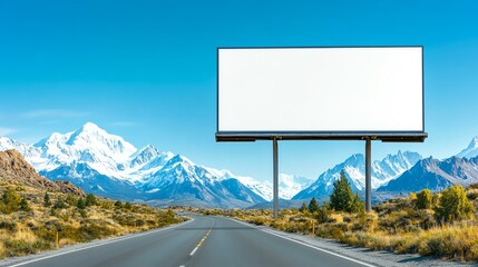 A blank billboard along a scenic mountain road, inviting creativity and potential advertising opportunities in a serene landscape.