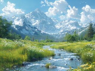 Canvas Print - Mountain Stream in a Verdant Valley