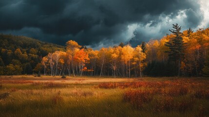 Sticker - Golden Trees in a Meadow with a Dramatic Stormy Sky