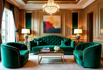 Luxurious gold and emerald green living room interior with velvet furniture and abstract art