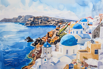 A painting of a blue and white village with a blue dome on top of a building