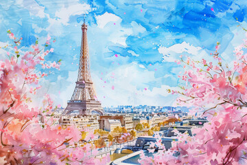 A painting of the Eiffel Tower with pink cherry blossoms in the background