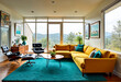 © Hoody Baba - Modern living room interior with yellow sofa teal rug and forest view through large windows