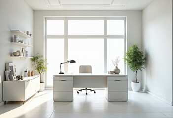 Modern minimalist home office interior design with white furniture large window and indoor plants