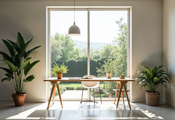 Minimalist home office interior design with wooden desk white chair houseplants and large window with green garden view