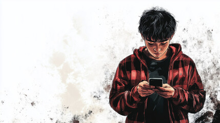 An illustration of a teenager staring fixated at their phone, with a serious expression. Blank space for copy or text, landscape ratio 16:9