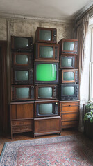 Poster - vertical composition of a stack of old televisions, classical aged of TVs,  set of vintage retrospect technology monitors green screen chroma key video element classic scene in old classical room