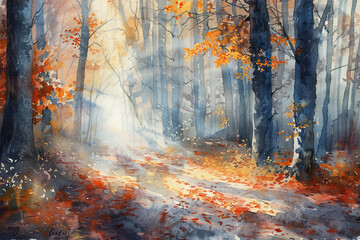 Wall Mural - A painting of a forest with a path in the middle