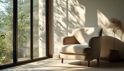 Wall Mural - Serene indoor retreat with an inviting armchair illuminated by gentle sunlight near expansive windows