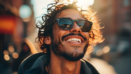 Wall Mural - Joyful man in sunglasses exudes happiness against a blurred city backdrop, basking in the warm glow of daylight, embodying pure contentment.