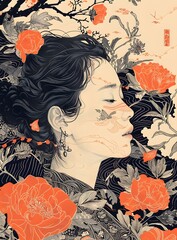 Wall Mural - Woman Surrounded by Flowers Illustration