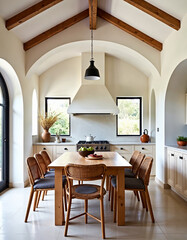 Bright modern kitchen dining room interior wood beams vaulted ceiling arched windows farmhouse table rattan chairs white cabinets natural light home decor interior design neutral colors open plan