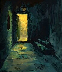 Wall Mural - Dark Alleyway With A Doorway To Light