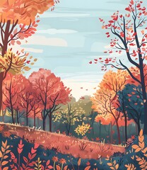 Wall Mural - Autumn Forest Landscape Illustration