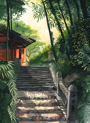 Wall Mural - Stone Steps Leading to a Traditional Japanese Temple in a Lush Green Forest