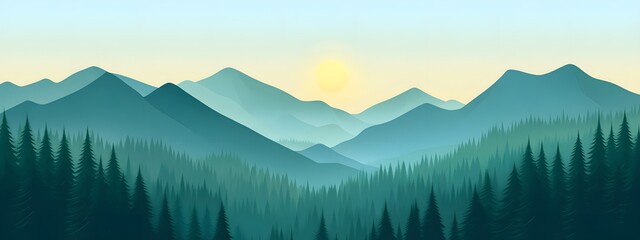 Wall Mural - Vector illustration of a forest landscape with mountains at sunrise, featuring a flat design with simple shapes and flat colors